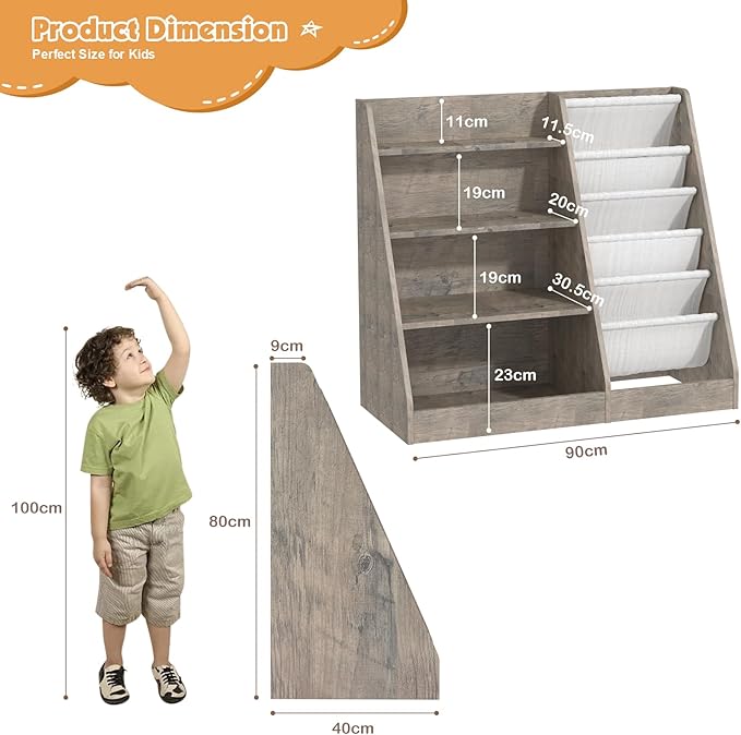 4 Tier Kid Bookshelf Wooden 5 Sling Children Bookcase Toddler Montessori Bookcase Book Rack Display Toy Storage Organizer Book Display Shelf Stand Classroom Bedroom Nursery Playroom (Grey Wood)
