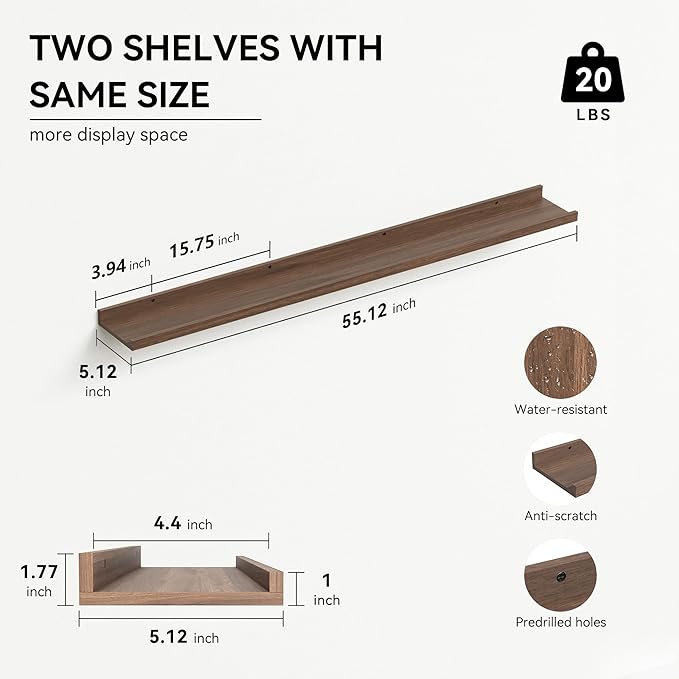 55.1 Inches Long Floating Shelves Wall Mounted, 2 Set Rustic Wall Shelf for Bedroom, Nursery Book Shelf with Lip, Picture Ledge Shelf for Wall Decor Living Room Bathroom Kitchen - Walnut-NeatNest