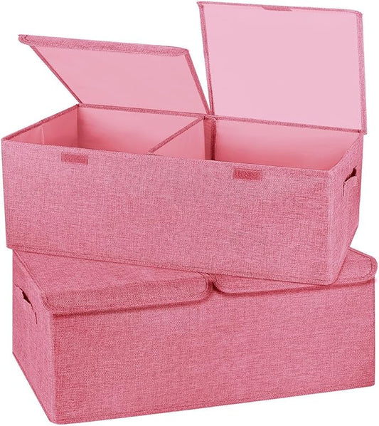 2 Pack Large Storage Boxes with Lids and Handles, Collapsible Linen Storage Bins Organizer Containers Baskets Cube with Removable Divider for Home Bedroom Closet Office (Pink, Small)-NeatNest