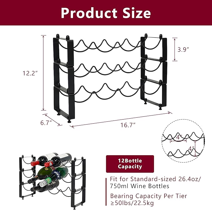 3 Tiered 12-Bottle Metal Wine Rack - Sturdy Wave Design with Reinforced Base | Stackable, Space-Saving Bar, Countertop, or Cabinet Storage (3)