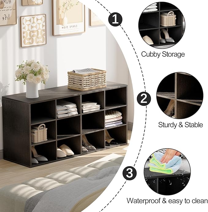 Garden 4 you Shoe Storage Bench, Cubby Shoe Rack with 12 Cubbies, 3-Tier Wood Shoe Rack Organizer, Shoe Organizer Cabinet for Entryway, Hallway, Closet and Garage, Black-NeatNest