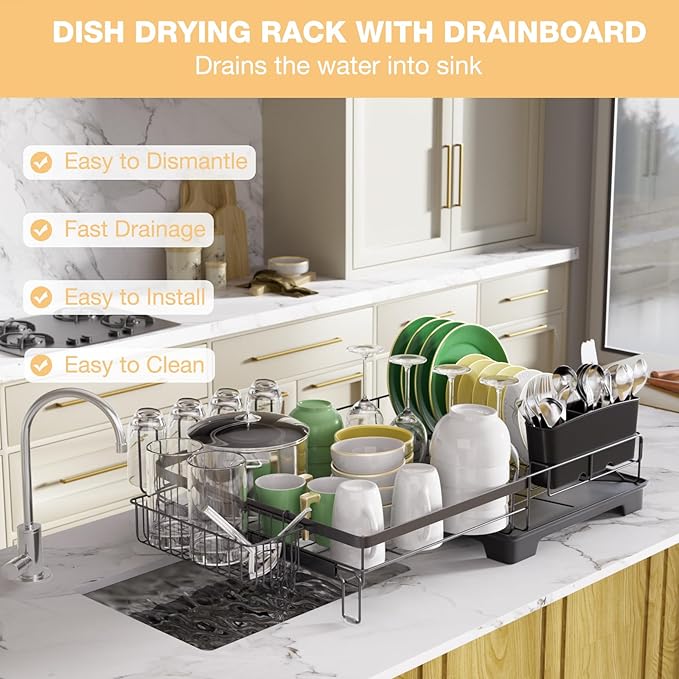 Dish Drying Rack Extendable Dish Rack Rustproof Carbon Steel with Drainboard & Cutlery Holder – Extra Large Capacity Dish Drainer Countertop Dish Strainer for Kitchen Utensils, Plates, Spoons & Forks