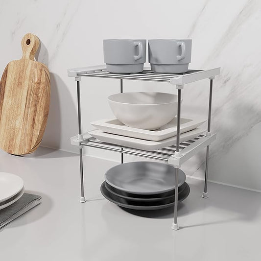 carrotez Cabinet Organizer Shelf, Set of 2 Stackable Kitchen Counter Shelves, Kitchen Cabinet Organizers and Storage, Pantry Storage Shelf Organizer, 9.8 x 7.8 x 6.1 - White-NeatNest