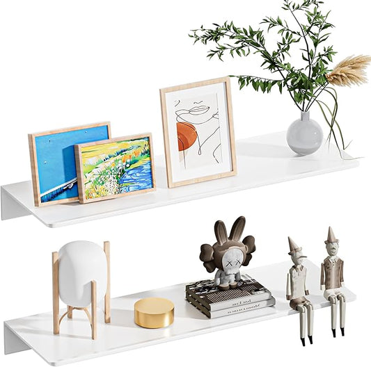 2-Piece White Metal Floating Shelves - Aluminum Alloy Wall Mounted Shelf No Drilling, Rust-Proof, 15.7" Width for Home Decor & Storage in Living Room, Bedroom, Bathroom-NeatNest