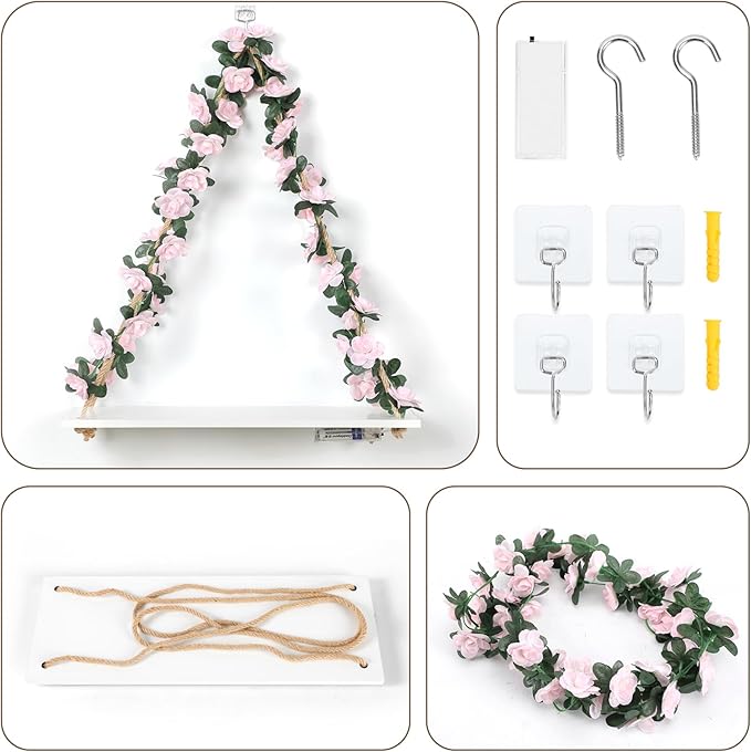 Floating Shelves for Wall No Drilling,Wall Dcorations Art,Hanging Shelf,Leaves and Light Strip with Flower,Set of 2 Plant Decor for Home House Livingroom Bedroom Officer,Boho Decor,Gifts for Woman-NeatNest