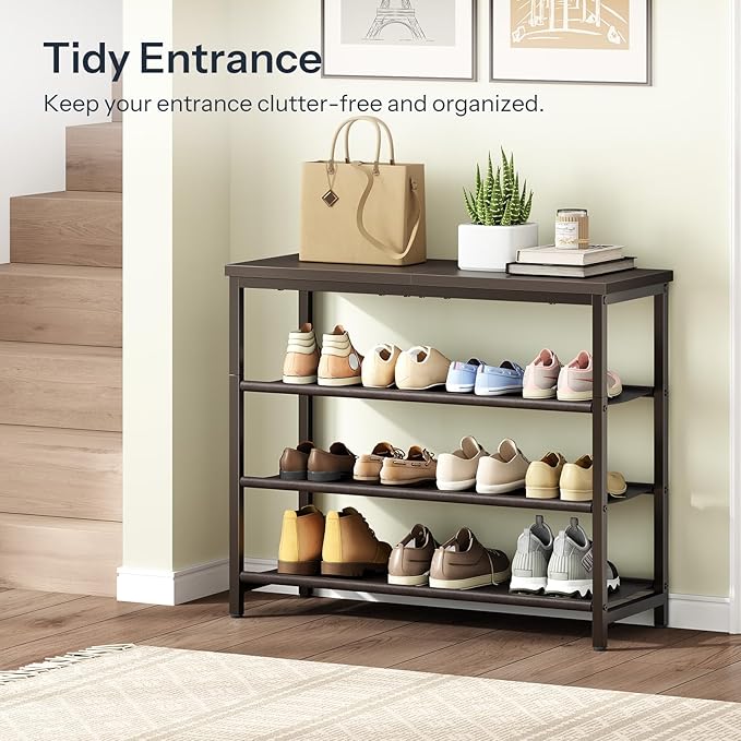 HOOBRO Shoe Rack with 3 PU Shelves, 4-Tier Shoe Storage Organizer for Closet and Entryway, Holds 9-12 Pairs of Shoes, Sturdy Metal Frame, Small Spaces, Brown BR94XJ01-NeatNest