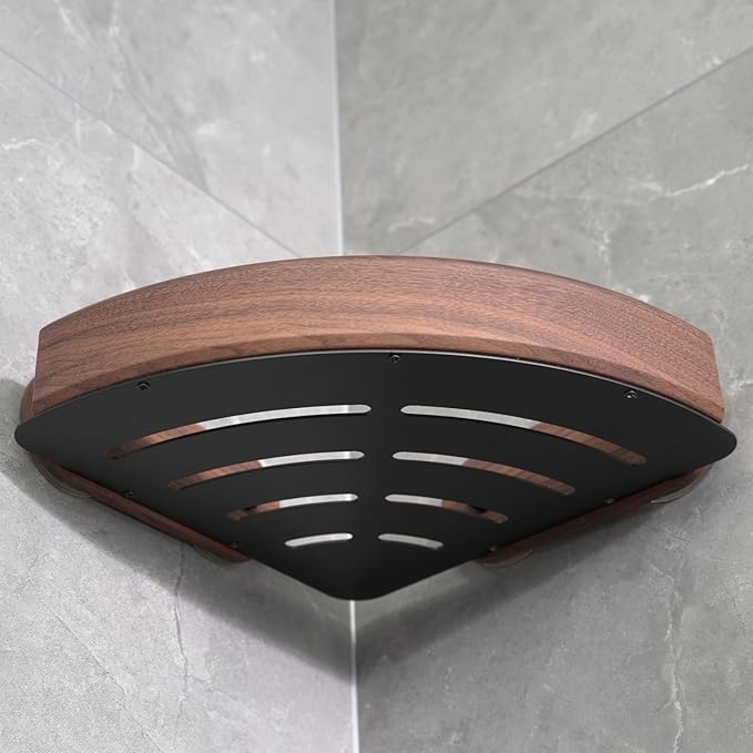 Stylish Suction Cup Aluminum Corner Shower Caddy Adjusatble Bathroom Walnut Wood Grain Triangle Storage Rack No Drilling Rust Proof Shower Shelf (2)