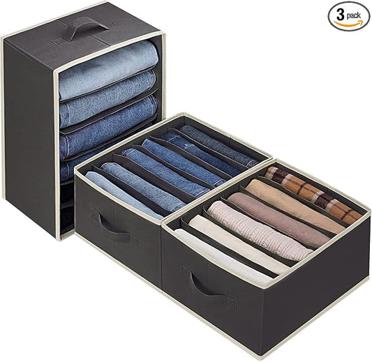 3 Pcs Large Size Wardrobe Clothes Organizers 6 Grids for Pants, Jeans, Sweater, T-shirt, Dress Stackable Closet Drawer Organizer Storage Bin Container with Sturdy Handles, Black-NeatNest