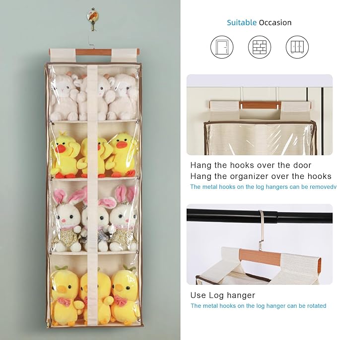 Clear Hanging Handbag Storage Organizer with Zippers, Easy Access Purse,Toy,Yarn,Hat Storage Over The Door Purse Organizer Space Saving 4 Pockets for Closet Bedroom Living Room (Beige)-NeatNest