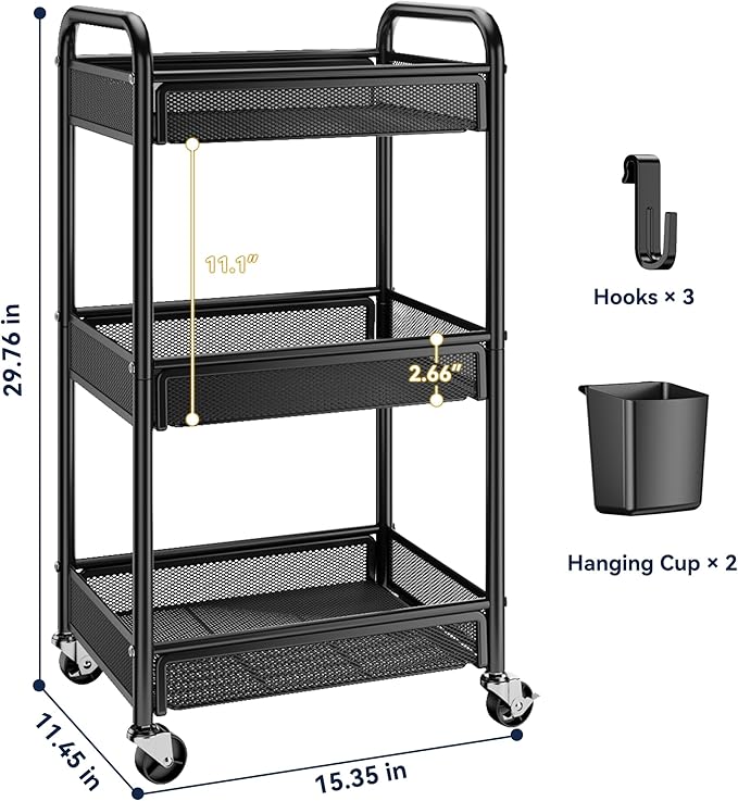 YASONIC 3 Tier Rolling Cart – Metal Utility Storage Cart with Wheels, Craft Cart Organizer with Hanging Cups, Hooks, Mesh Basket for Bedside Kitchen Office Art, Black