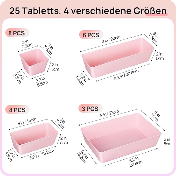 Vtopmart 25 PCS Plastic Drawer Organizers Set, 4-Size Versatile Bathroom and Vanity Drawer Organizer Trays, Storage Bins for Makeup, Bedroom, Kitchen Gadgets Utensils and Office-NeatNest