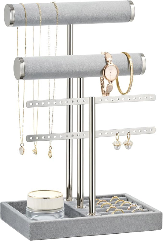3 Tier Bracelet Holder Display - Detachable T Bar Grey Velvet Bracelet Holder, Jewelry Holder Organizer for Bracelet, Necklace, Earrings, Rings