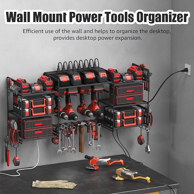 CCCEI Black Power Tool Organizer Wall Mount, Large Tools and Battery Storage Rack Charging Station Individual Switches. Drills Holder, Garage Utility Shelves with 6FT Power Strip. Gift for Men.-NeatNest