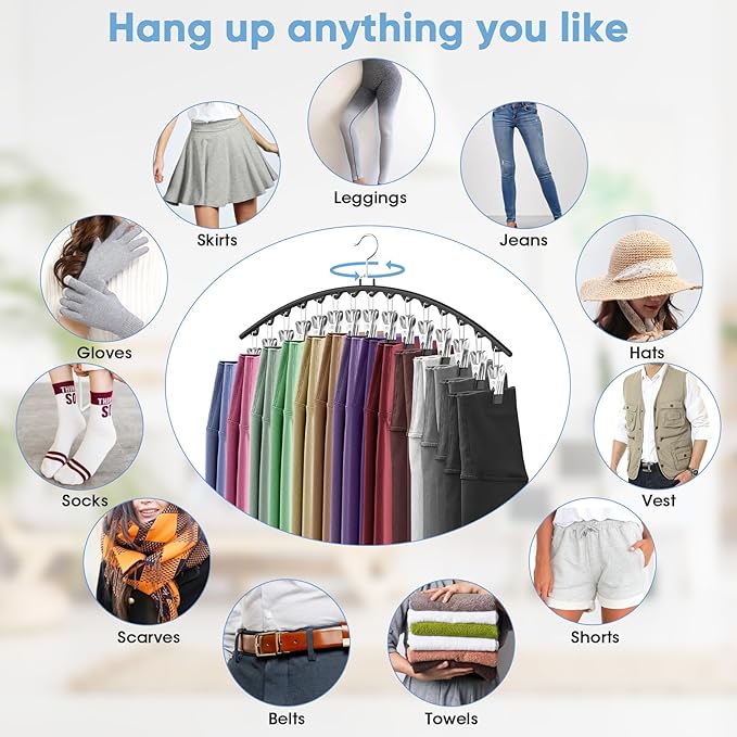 3 Pack Legging Organizer for Closet Hanging, Pants Hangers with 15 Clips Holds 45 Leggings, Shorts, Skirts, Jeans, Hats, Pants Hangers Space Saving Clothes Racks Closet Organizers and Storage, Black-NeatNest