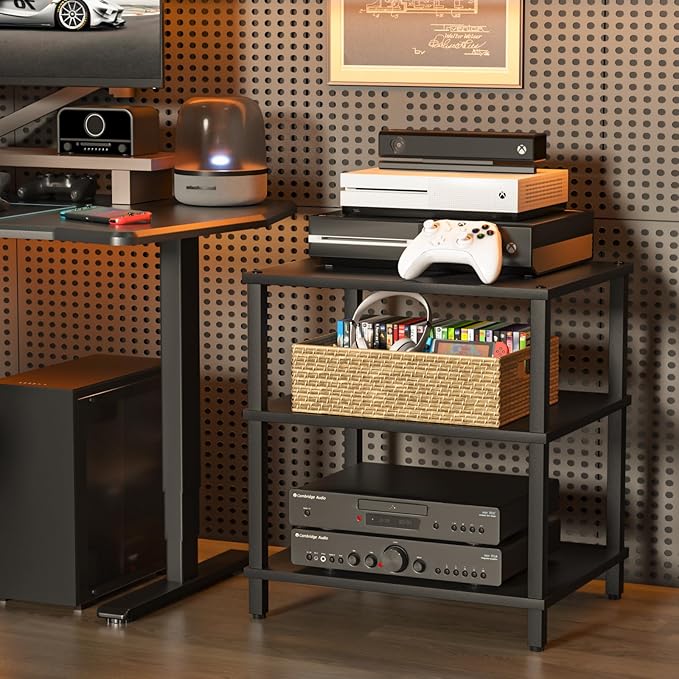 3-Tier AV Media Player Stand, Stereo Cabinet, Modern Stereo Cabine,Game Console Shelf,Wooden TV Stand,Multifunctional Entertainment Center, Suitable for Home, Conference Room, Game Studio,Black-NeatNest