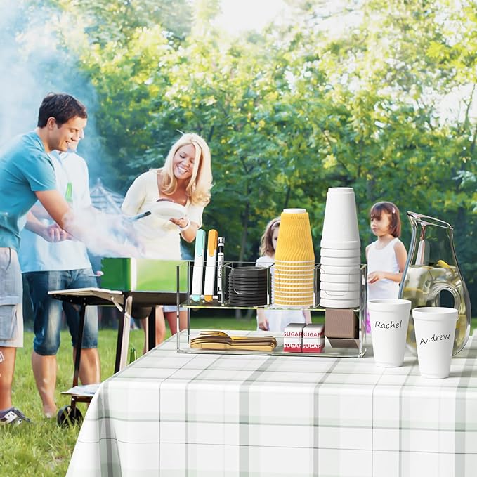 Coffee Condiment and Cup Organizer - 2-Tier Upright Cup and Lid Holder with Straw Organizer 5 Compartments Clear Acrylic Cup Dispenser for Restaurant Breakroom Coffee Station Countertop-NeatNest
