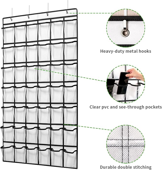 42 Clear Pockets Classroom Pocket Chart for Cell Phones and Calculator, Pocket Chart Organizer for Classroom Phone Storage Holder with 42 Number Sticker and Hooks (White)-NeatNest