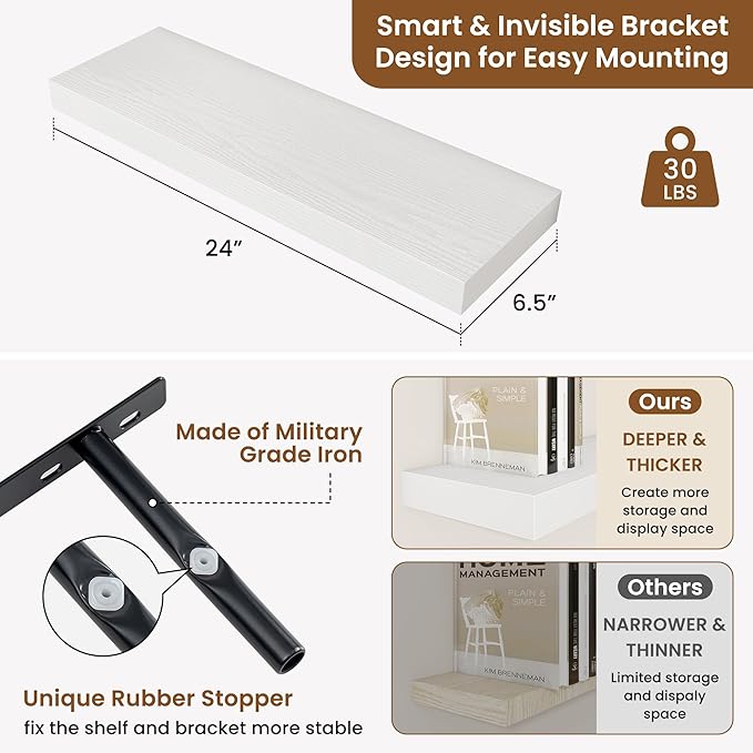 fuqing Floating Shelves for Wall, Bathroom Shelf Wall Mounted for Storage, Shelves with Invisible Bracket for Bedroom, Kitchen, Living Room, Farmhouse Small Book Shelf, 24 Inch Set of 2, White-NeatNest