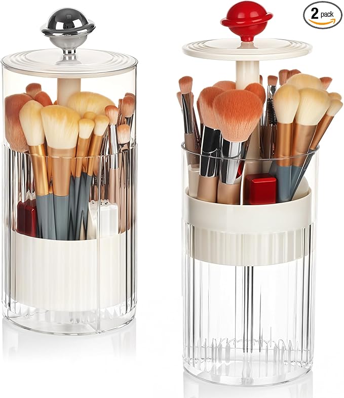 2 Pack Makeup Brush Holder with Lid Automatic Lifting Makeup Brush Organizer with Lid Dustproof & Waterproof 4-Compartment Clear Makeup Organizer for Vanity,Office,School,Dorm Room,Red+Silver-NeatNest