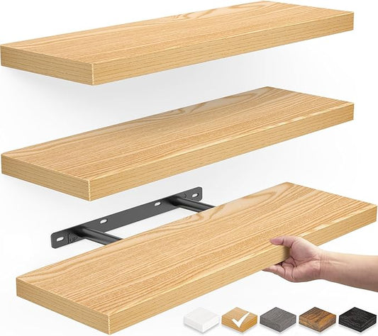 BAYKA Floating Shelves for Wall, Wall Mounted Rustic Wood Shelves for Bathroom, Bedroom, Living Room, Kitchen,Small Hanging Shelf for Books/Storage/Room Decor (Oak-Toned, Set of 3, 15.7in)-NeatNest