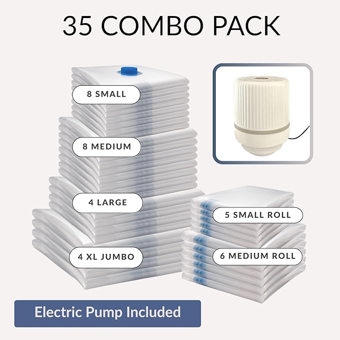 35 Pack Vacuum Storage Bags with Electric Pump, Compression Space Saver for Comforters, Bedding, Blanket Storage, Vacuum Seal Bags for Clothing, Luggage and Closet Organizer-NeatNest