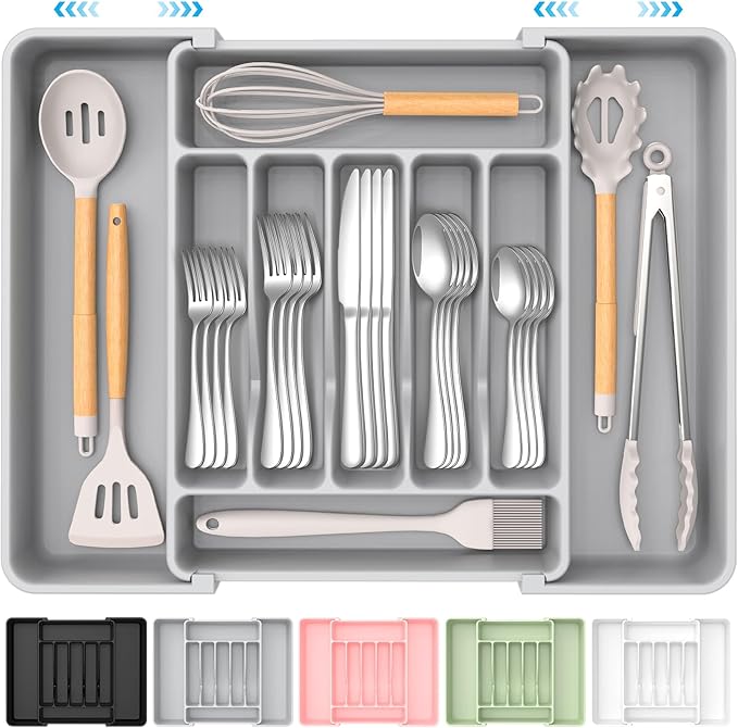 Extra Large Expandable Silverware Organizer, BPA-Free Food-Safe Cutlery Flatware Organizer, Kitchen Utensil Drawer Organizer, Adjustable Silverware Holder for Spoons Forks Knives, Gray-NeatNest
