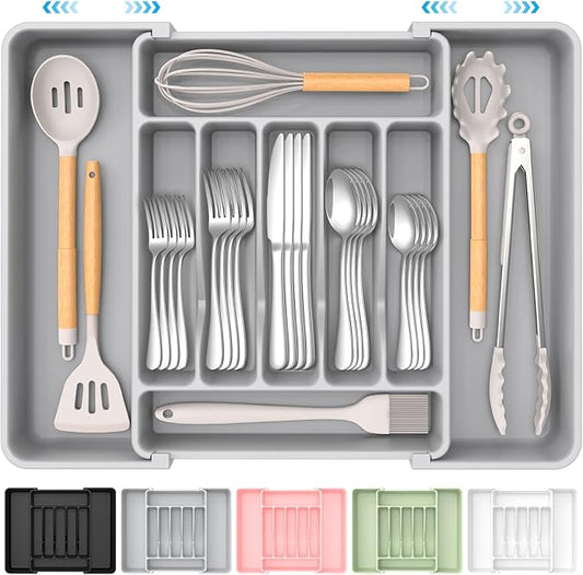 Extra Large Expandable Silverware Organizer, BPA-Free Food-Safe Cutlery Flatware Organizer, Kitchen Utensil Drawer Organizer, Adjustable Silverware Holder for Spoons Forks Knives, Gray-NeatNest