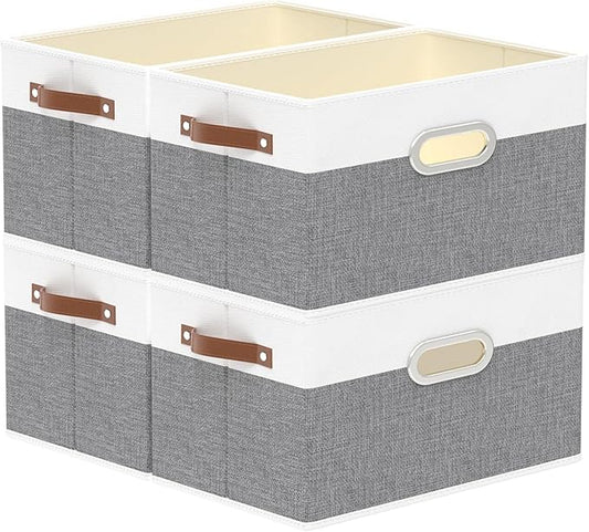 Yawinhe Fabric Storage Baskets, Foldable Closet Organizer for Shelves, Large Boxes with 3 Handles, Canvas Bins for Clothes, White/Grey, 12.99''Lx9.05''Wx7.87''H, 4-Pack-NeatNest