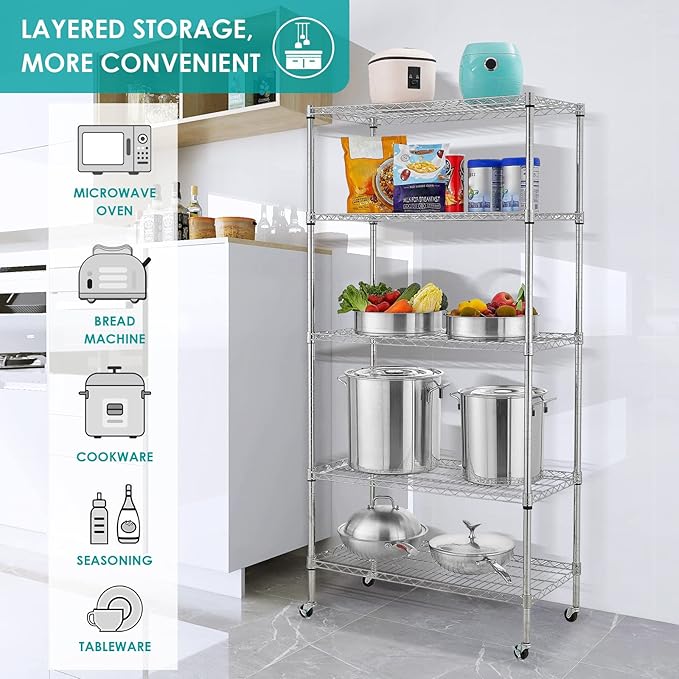 BNSPLY 5 Tier Wire Shelving Unit with Wheels, Height Adjustable Wire Shelves with NSF Certified, Mobile Metal Storage Rack Shelf Unit for Kitchen, Laundry, Garage (17.7" D x 35.5" W x 71" H, Chrome)-NeatNest