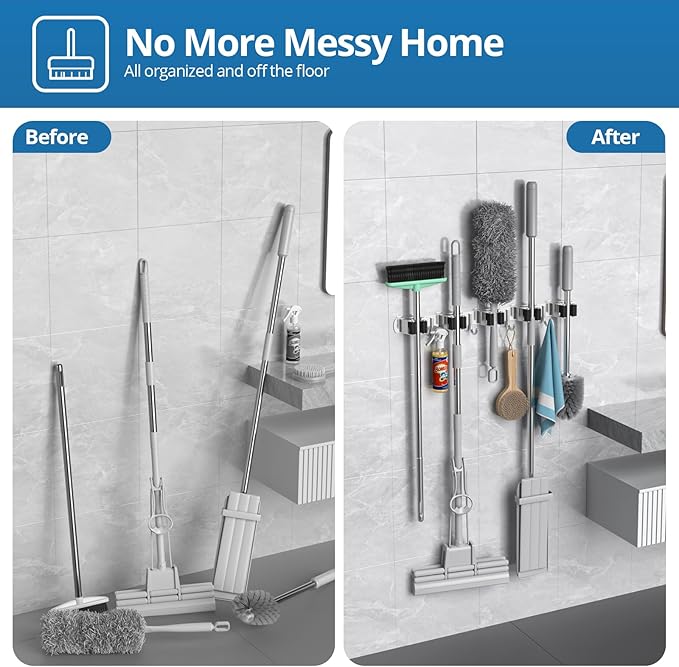 2 Pack Broom Holder Wall Mount Mop and Broom Hanger Broom Organizer Storage Tool Racks Stainless Steel Heavy Duty for Kitchen Garden Laundry Garage (5 Racks with 4 Hooks)