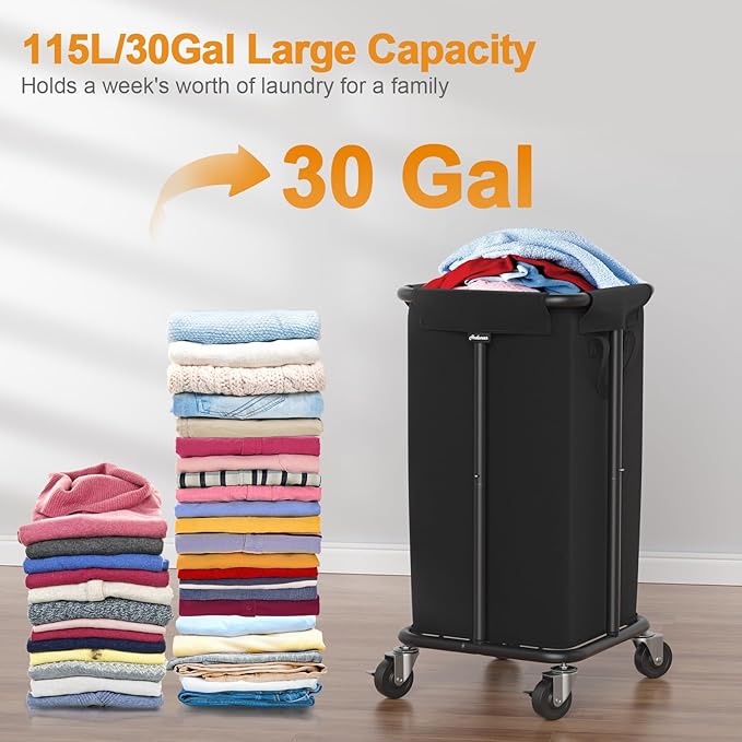 Laundry Basket with Wheels, Rolling Laundry Hamper, 30 Gal.(115L), Removable and Machine Washable Liner, Steel Frame, Tall Laundry Cart for Laundry Room, Bedroom, Bathroom, Dorm Storage -Black