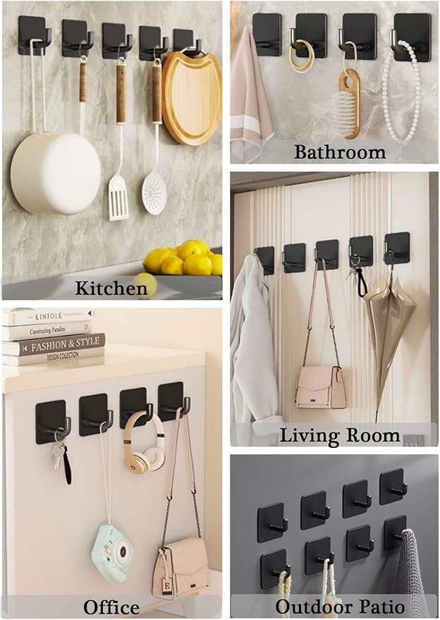 Adhesive Hooks for Hanging, Self-Adhesive Wall Hook for Key Hat Coat, No Drill Stick on Bathroom Towel Hooks, Shower Kitchen Door Home Outdoor 8 Pack, Black