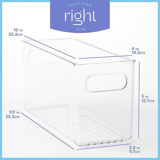 Clear Plastic 4 Pack Storage Container Bin with Integrated Easy Grip Handles. For Kitchen, Fridge, Freezer, Cabinet, Pantry, Bathroom Organization. 10"x4"x5"-NeatNest