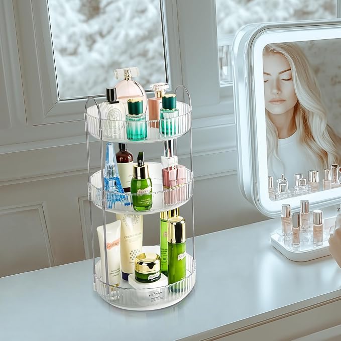 360 Rotating Makeup Organizer for Vanity, Large Capacity Spinning Perfume Organizer, Bathroom Organizer, Cosmetic Skincare Holder Organizer for Countertop (Silver Clear, 3 Tier)-NeatNest