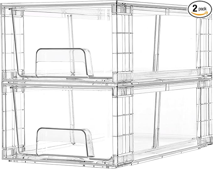 Vtopmart 2 Pack Stackable Storage Drawers,Clear Acrylic Drawer Organizers with Handles, Easily Assemble Containers for Fridge, Bathroom,Kitchen Undersink,Cabinet,Pantry Organization and Storage-NeatNest