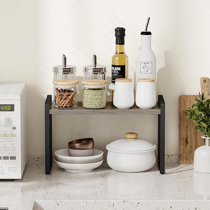 Giikin Kitchen Countertop Organizer, Wood Desk Shelf Riser, Gray Spice Rack for Kitchen Counter, Countertop, Cabinet (15.7 Inches, Gray)-NeatNest