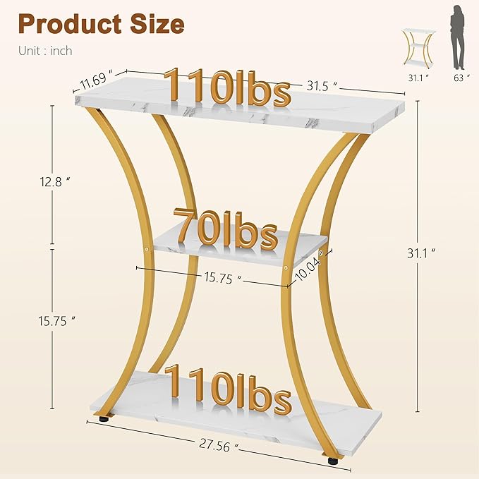 Hoctieon 3 Tier Console Table with Open Wood Shelves, Decorative Entryway Table with Curved Metal Frames, Narrow Sofa Table for Entrance, Living Room, Hallway, Gold and White Marbled-NeatNest