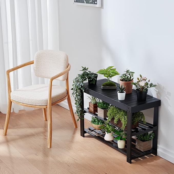 Pipishell Bamboo Shoe Rack Bench, 3 Tier Sturdy Shoe Organizer, Storage Shoe Shelf, Holds up to 300lbs for Entryway Bedroom Living Room Balcony, Black-NeatNest