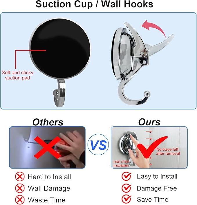 Heavy Duty Suction Cup Hooks for Shower, Bathroom Robe - Vacuum Glass Hooks, Reusable, No Hole Punched, for Garland Decoration (Silver, 6 Pack)