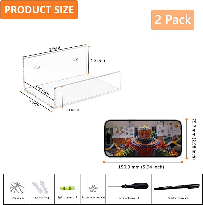 5'' Clear Acrylic Wall Shelf 2 Pack, 5 Inch Small Wall Shelves Display for Small Space-NeatNest