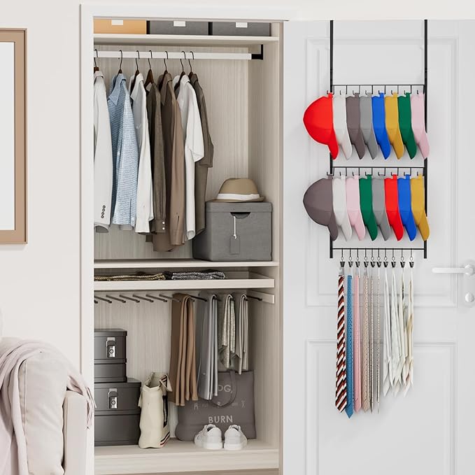 Consumest Over Door Hat Organizer - 3 Tier Wall Mounted Hat Rack with 16 Hooks and 10 Movable Clips, Hanging Baseball Cap Storage Holds up to 26 Caps for Door, Bedroom, Closet USPTO Patent Pending-NeatNest