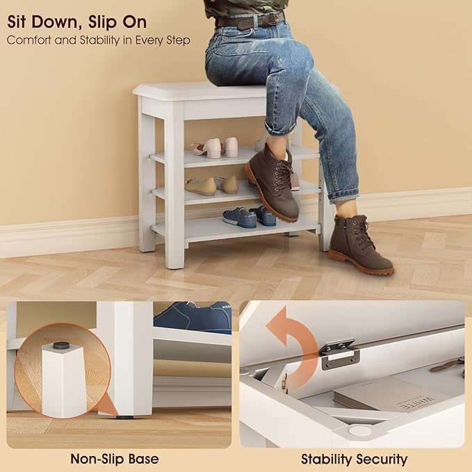 Shoe Rack Bench Seat Rubberwood 3-Tier Wooden Storage Bench 550lbs Compact Mid-Century Modern Design for Entryway, Hallway, Closet, Front Door Entrance, Foyer