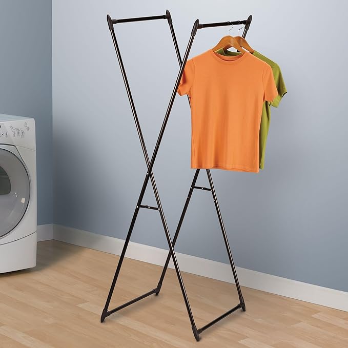 Household Essentials Valet Folding Clothes Rack, Strong Metal X-Frame, Chic Design, Great for Guest and Dressing Rooms, Portable and Easy to Use, Folds Flat, Antique Bronze