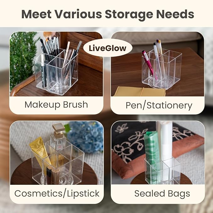 Clear Makeup Brush Holder,Acrylic Rotating 360°Makeup Brush Organizer,Pen holder with 4 Grids,Makeup Holder for Courtup,Containers for Desk-NeatNest