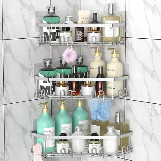 STEUGO Corner Shower Caddy, 3 Pack Adhesive Shower Corner Organizer Shelves, No Drilling Stainless Steel Shower Storage Rack with 12 Hooks for Bathroom, Dorm and Kitchen(Silver).
