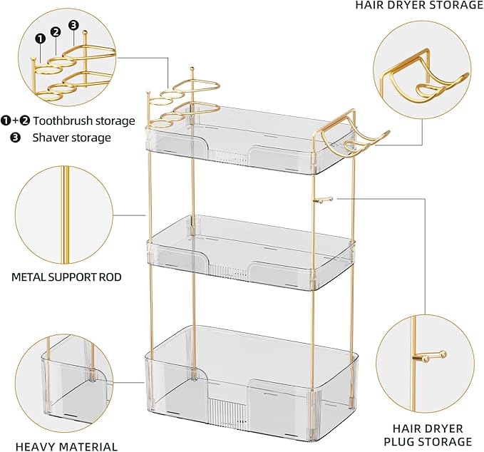 3 Tier Bathroom Organizer Countertop Makeup Perfume Tray Skincare Organizer Comes with Hair Dryer Rack and Toothbrush Holder for Bathroom Dresser Vanity (White)-NeatNest