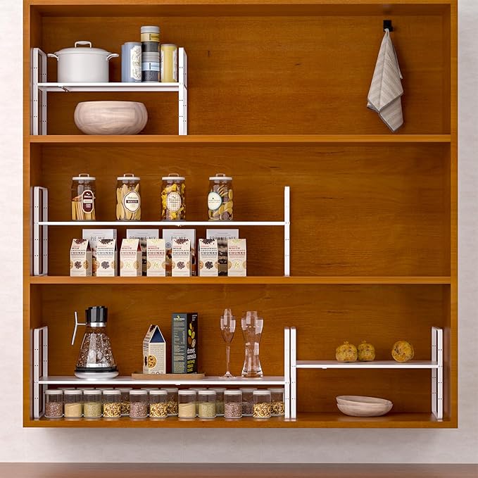 Expandable Kitchen Cabinet Shelf Organizers 2 Pack, Stackable Metal Pantry Storage Shelves Rack, Adjustable Counter Shelf for Cabinets, Countertop, Cupboard Organizers and Storage, White-NeatNest