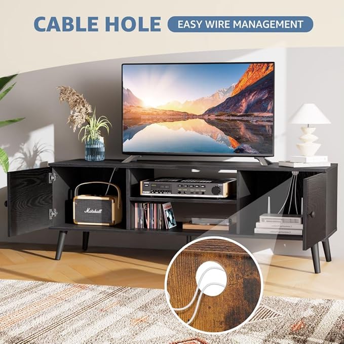 Homee TV Stand for Living Room, Television Stands Entertainment Center Cabinet with Storage for TV up to 60 Inches, 58 Inch, Black-NeatNest