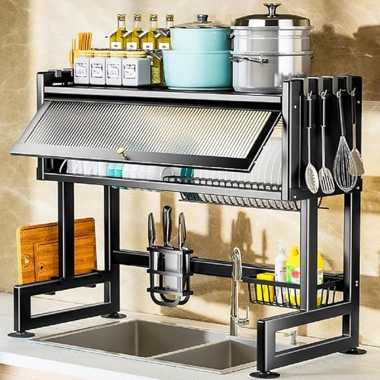 Over The Sink Dish Drying Rack, Kitchen Dish Drainer Dishware Organizer Shelf Cutlery Drainer Rack Countertop Storage Rack with Hooks and Clear Flip Door