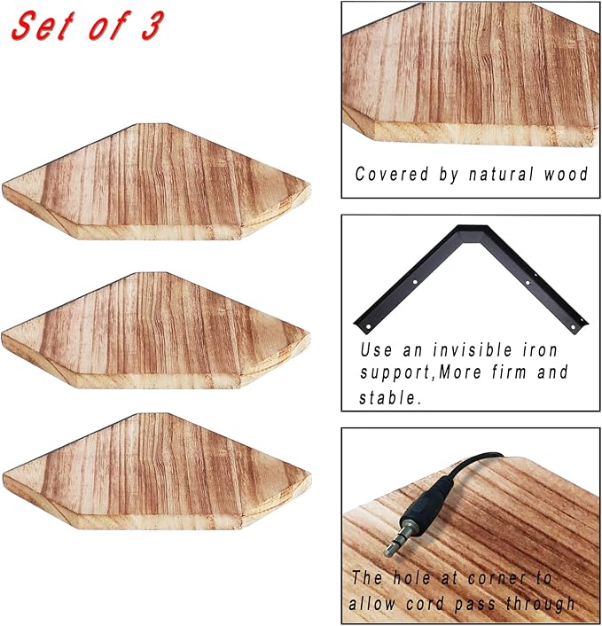 HAO Floating Corner Wall Shelves Small Rustic Wall Mounted Wood Diamond Shape Shelf with Cable Wire Hole Pattern for Bedroom Living Room Bathroom Kitchen Set of 3 Carbonized Black 7.75 Inch Dia.-NeatNest